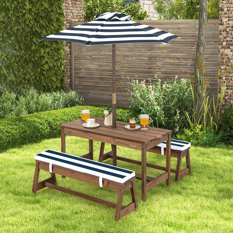 Picnic Table and Bench Set with Cushions and Height Adjustable Umbrella