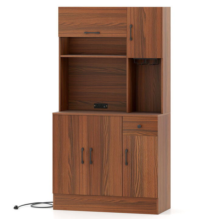 Kitchen Pantry Cabinet 66 Inch with Charging Station and Microwave Shelf &ndash; Brown
