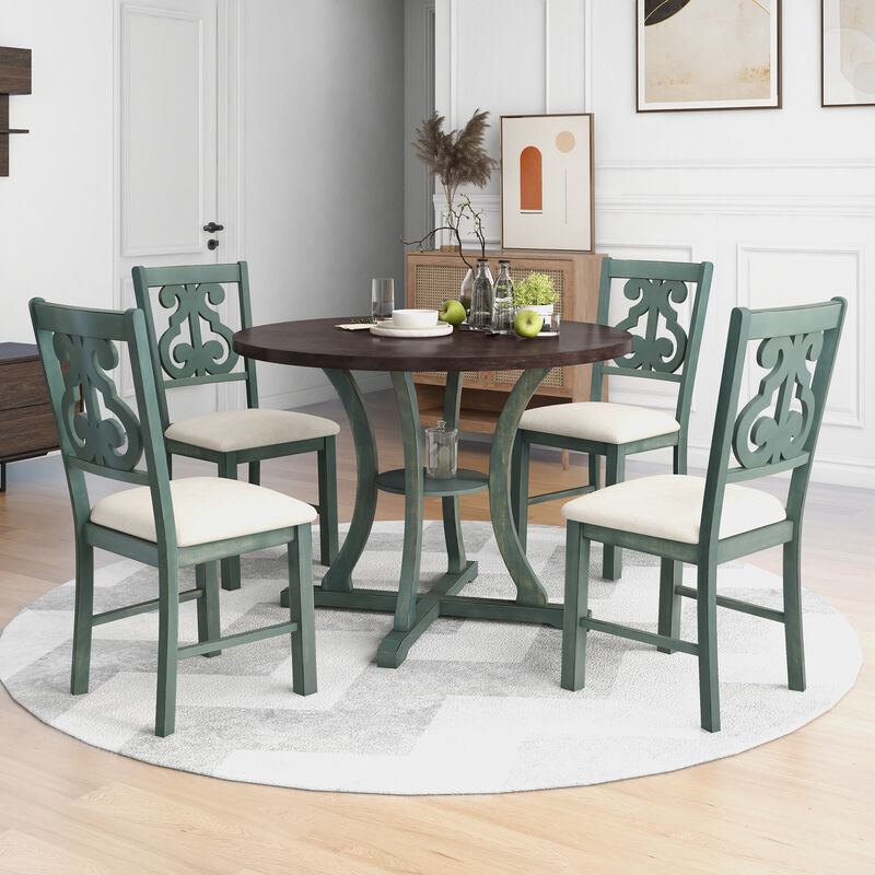 Whisen 5-Piece Retro Round Dining Table Set with 4 Chair and Special-shaped Legs - Antique Blue/ Dark Brown