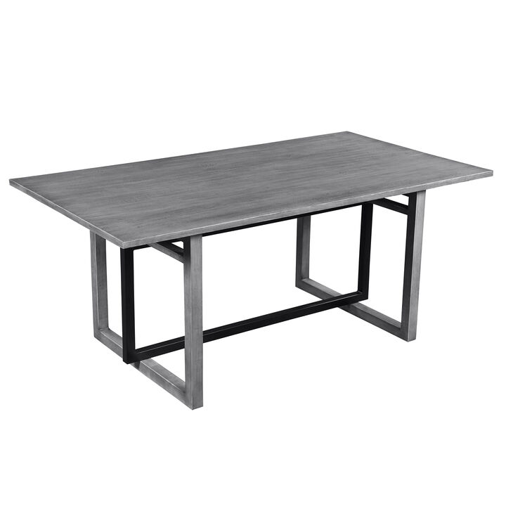 St Tropez Dining Table, 72 Inch Rectangular Mango Wood Top with Iron Trestle Base, 6 Seater, Gray and Black
