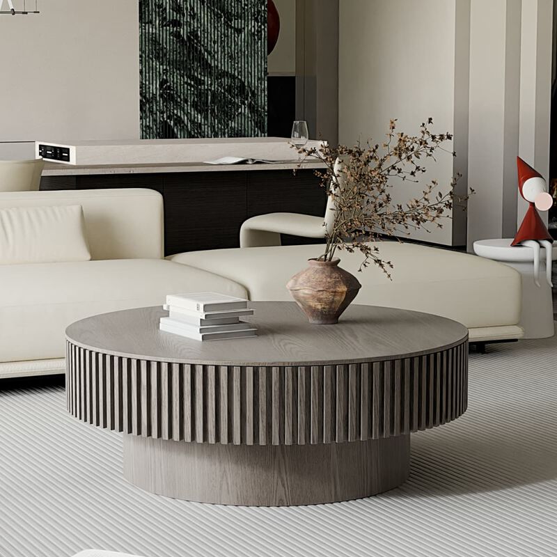 Round coffee table with storage Solid wood veneer and MDF coffee table with fluted base Modern accent coffee table for living room image number 3