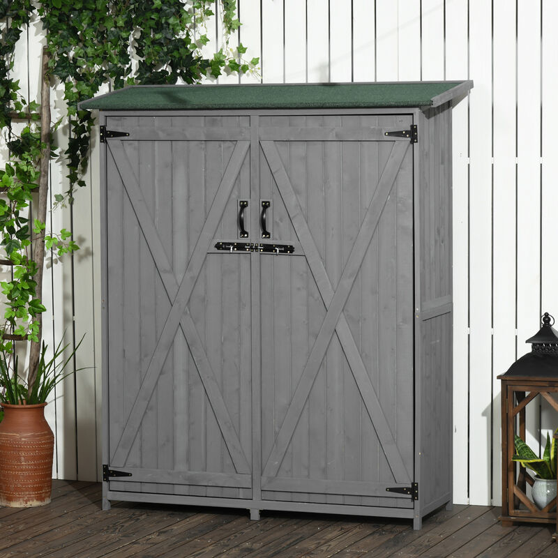 Outsunny Outdoor Storage Cabinet Wooden Garden Shed Utility Tool Organizer with Waterproof Asphalt Rood, Lockable Doors, 3 Tier Shelves for Lawn, Backyard, Grey
