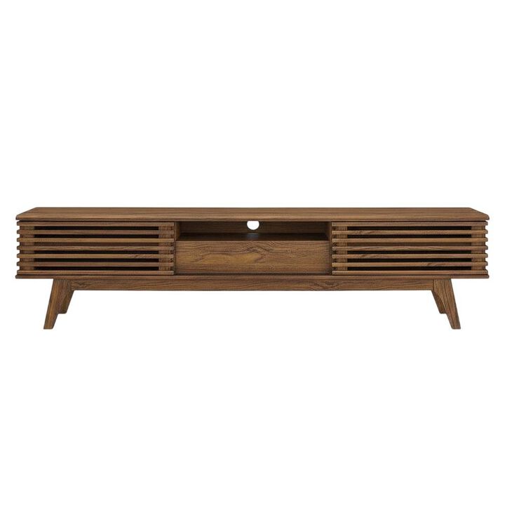 Wooden brown TV stand with spacious surface and modern design
