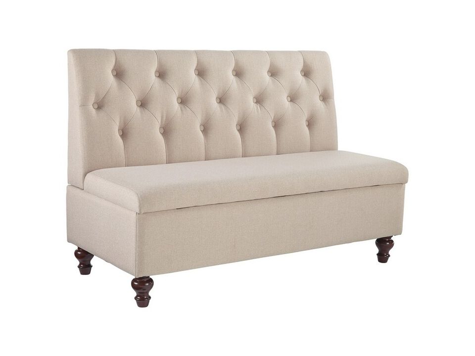 53 Inches Button Tufted Fabric Storage Bench with Turned Legs, Beige - Benzara