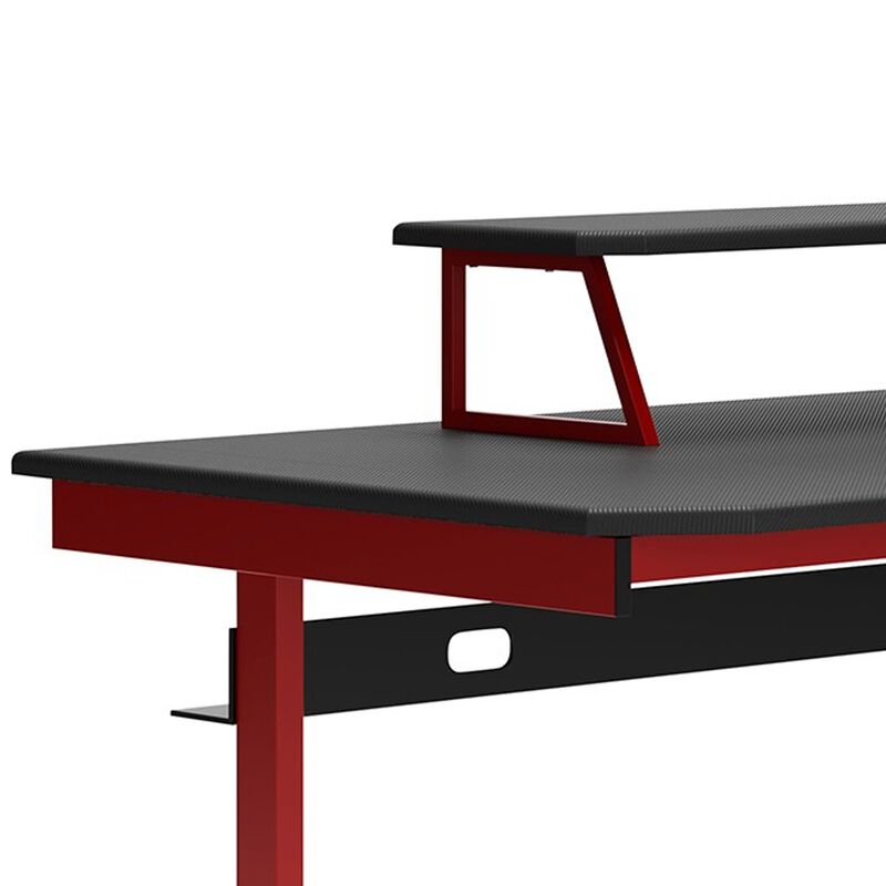 63 Inch Modern Home Office Gaming Desk, Monitor Stand, Metal, Black, Red-Benzara image number 2