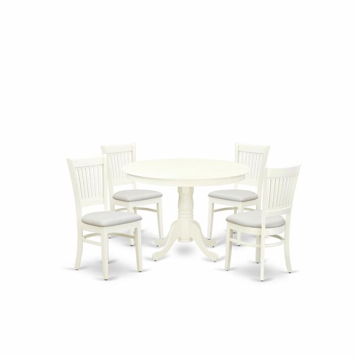 East West Furniture - HLVA5-LWH-C - 5-Pc Dining Room Table Set- 4 Dining Chairs and Modern Kitchen Table - Linen Fabric Seat and Slatted Chair Back - Linen White Finish