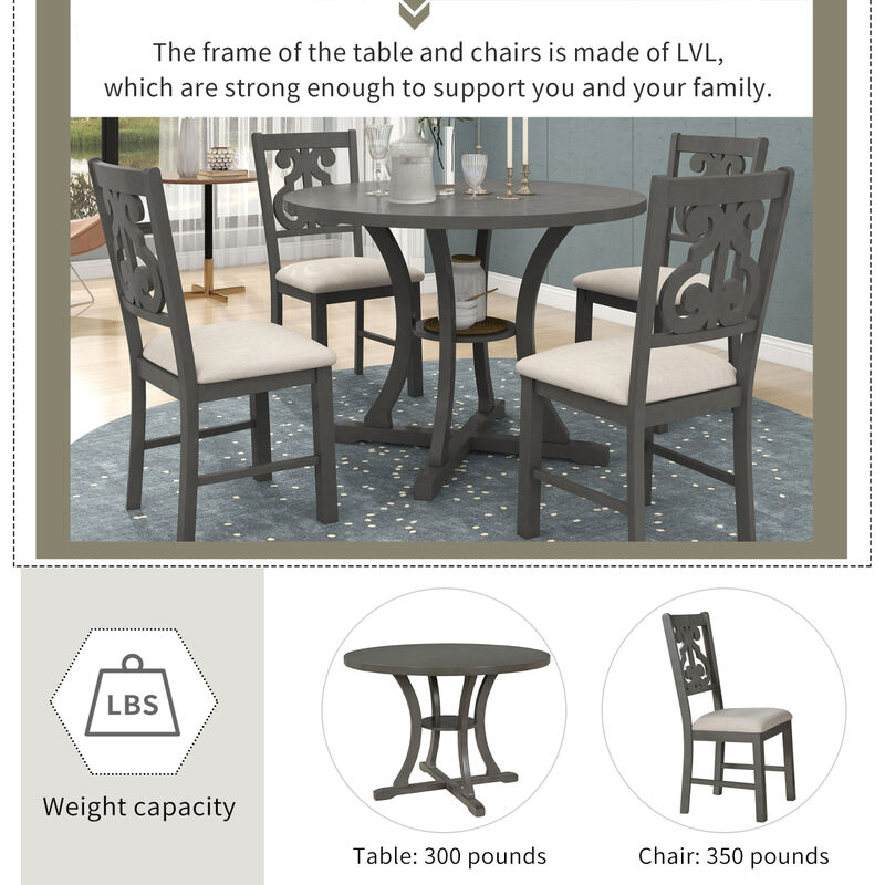 Streamdale 5-Piece Round Dining Table and Chair Set with Hollow Back (Gray) image number 4