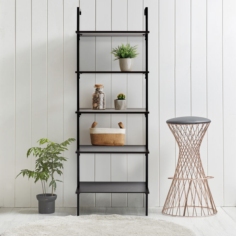 Madera  Industrial 5-Shelf Wood Wall-Mounted Open Ladder Bookcase
