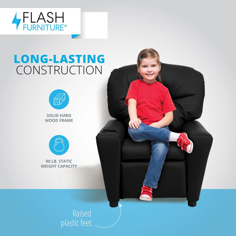 Flash Furniture Chandler LeatherSoft Kids Recliner with Cup Holder and Safety Recline, Contemporary Reclining Chair for Kids, Supports up to 90 lbs., Black