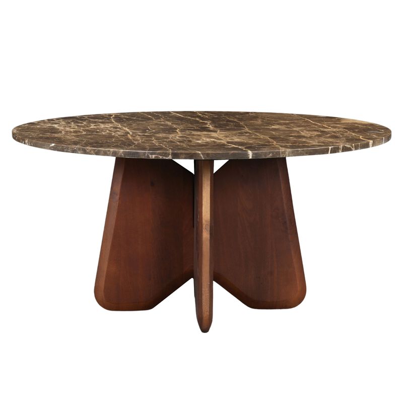 Zena 36 Inch Round Coffee Table, Spainish Emperador Marble Top, Brown Mango Wood Cross Legs image number 2