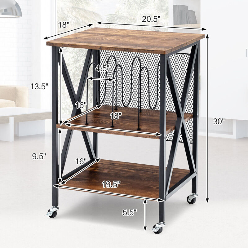 3 Tiers Vintage Style Rolling End Table with 3 Dividers for Albums-Brown