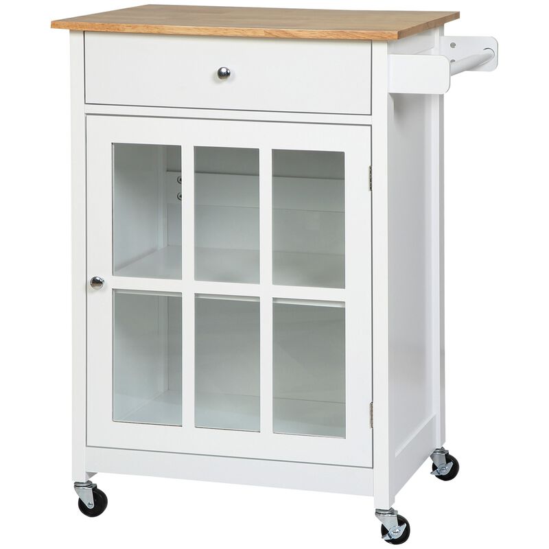 White Kitchen Trolley: Mobile Cart with Glass Door and Towel Holder