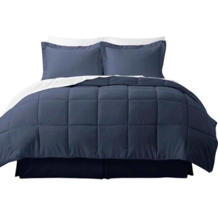 Hivvago Queen Navy Microfiber Baffle-Box 6-Piece Reversible Bed-in-a-Bag Comforter Set