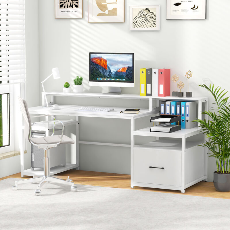 Computer Desk with Monitor Stand and File Drawer for Home Office or Study Room