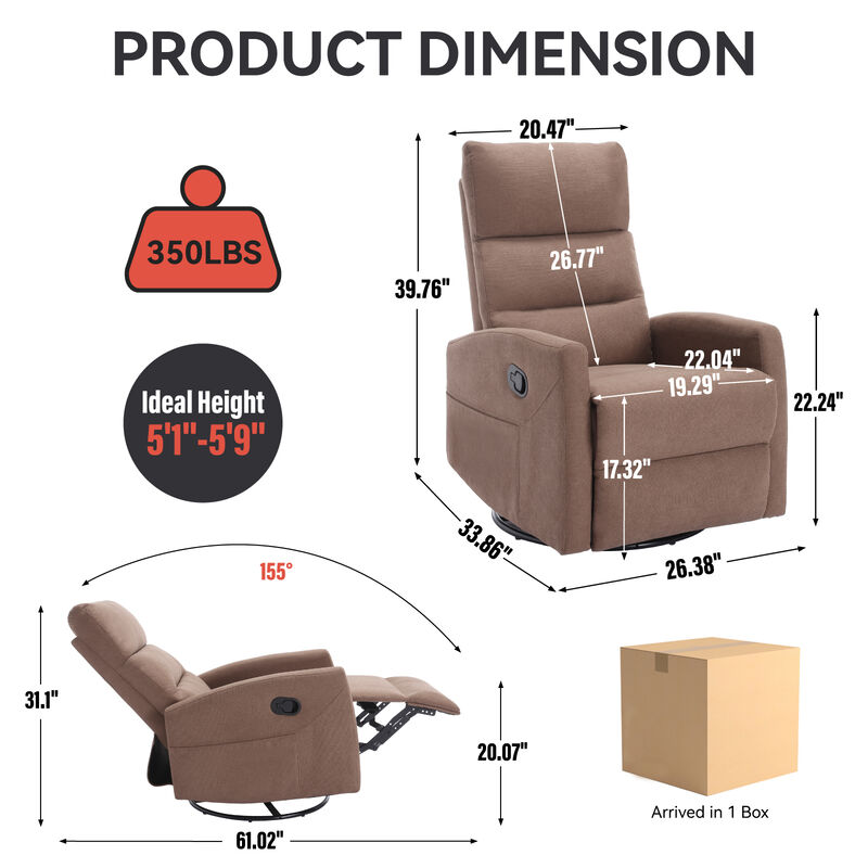 Manual Recliner Chair with Rocker and Swivel in Fabric, Upholstered Accent Chair for Living Room