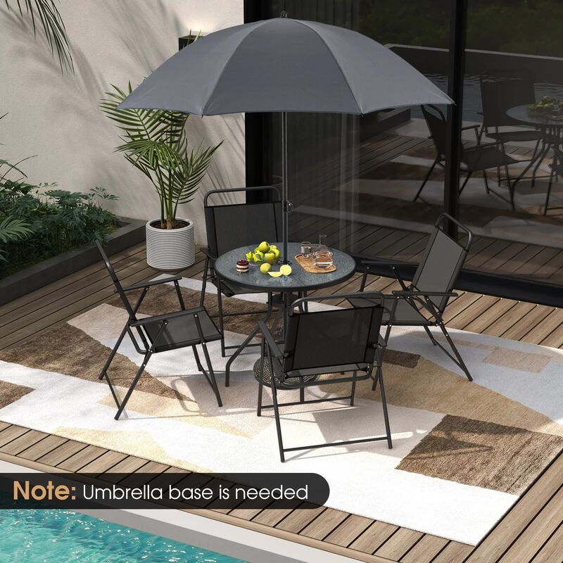 Mondawe 6 Pcs Outdoor Dining Set,4 Folding Chairs & Tempered Glass Table With Adjustable Umbrella