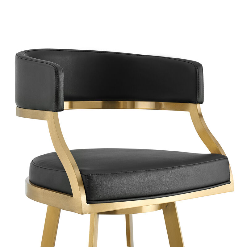 HomeRoots 30" Black and Gold Faux Leather and Stainless Steel Low Back Bar Height Swivel Bar Chair image number 3