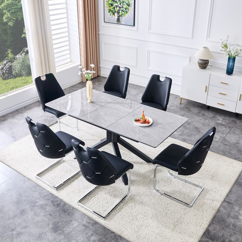 Rectangular Extendable Dining Table Laminated MDF top with geometric metal legs Modern dining table with automatic pop up leaf image number 4