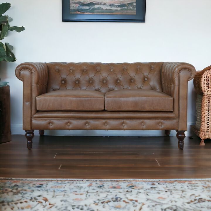 Brown Leather Double Seater Chesterfield Sofa Solid Wood