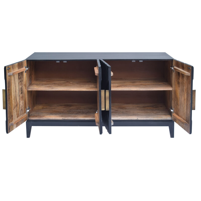 Abiel 55 Inch Sideboard Buffet Console with 2 Door Cabinet, Brass Coated Diamond Cut Handles, Matte Black Mango Wood