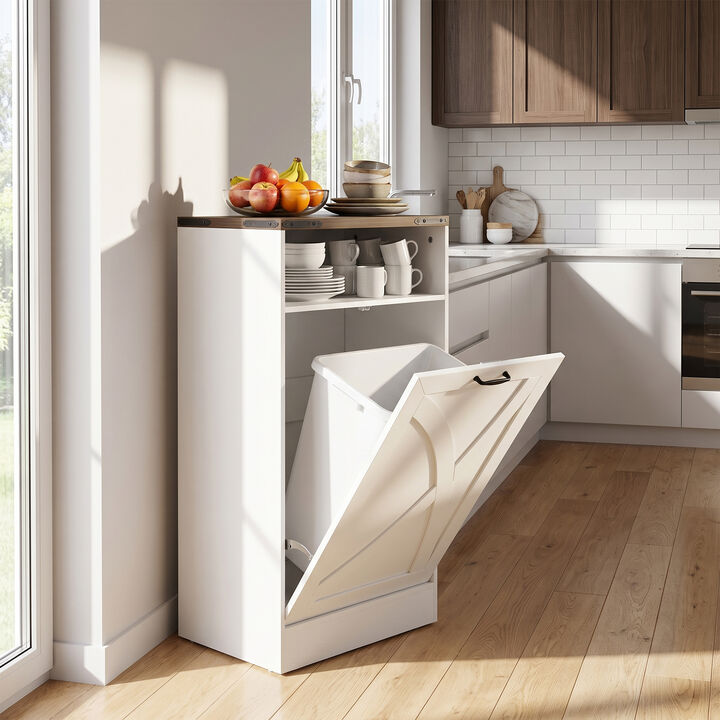 Farmhouse Tilt-Out Trash Can and Laundry Hamper Cabinet with Open Storage Shelf for Kitchen, Bathroom, Pantry, and Laundry Room