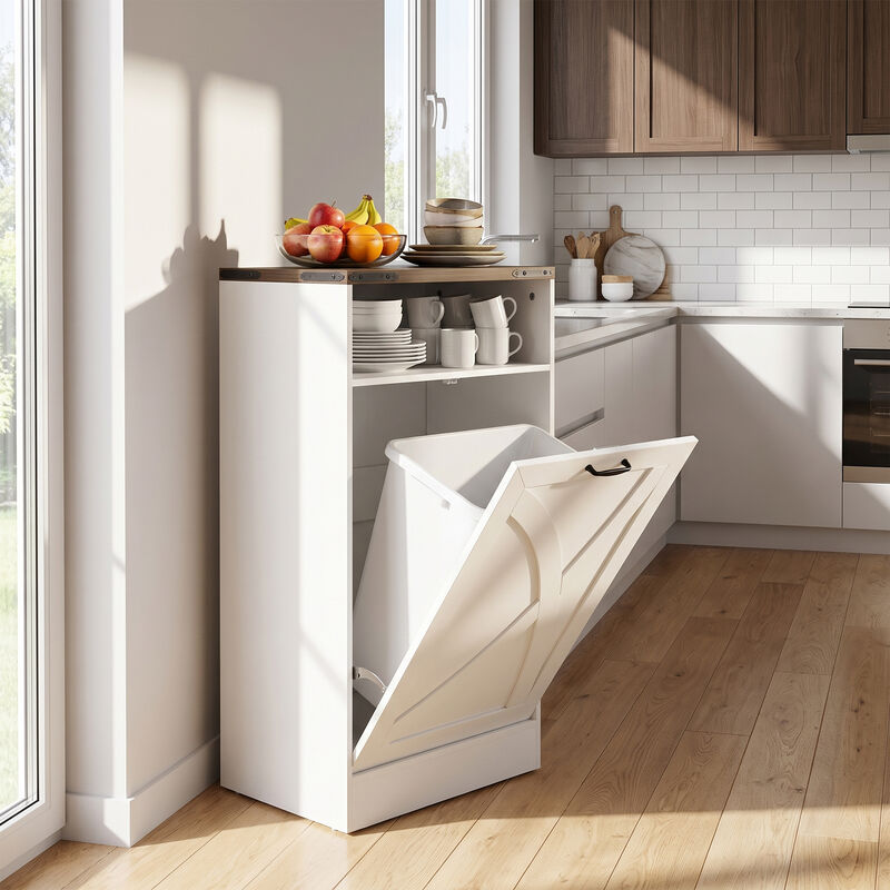 Farmhouse Tilt-Out Trash Can and Laundry Hamper Cabinet with Open Storage Shelf for Kitchen, Bathroom, Pantry, and Laundry Room image number 1