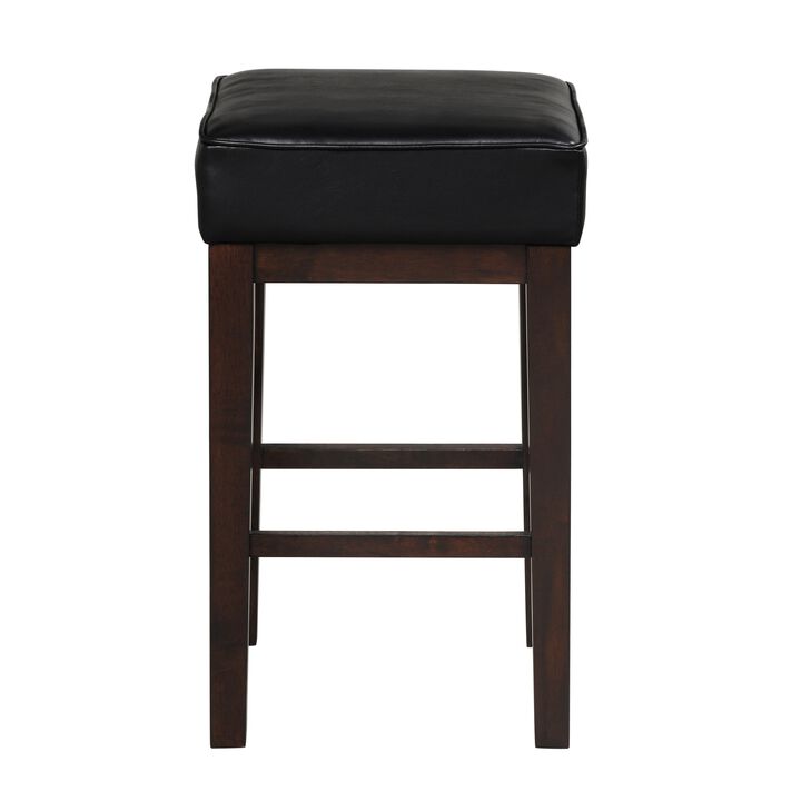 Vin 26 Inch Counter Height Stool, Black Faux Leather Seat, Dark Brown, Set of 2 - Benzara