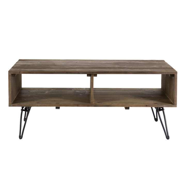 Betsy 42 Inch Reclaimed Wood Rectangle Farmhouse Coffee Table With Storage, Iron Legs, Natural Brown-Benzara