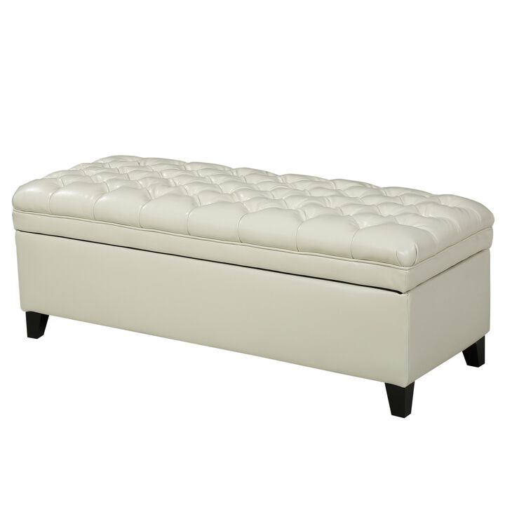 Rhya Storage Ottoman Bench, Ivory Faux Leather, Brown Wood, 50 Inch - Benzara