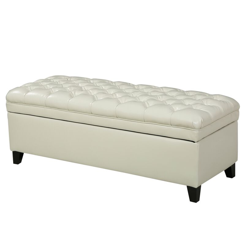 Rhya Storage Ottoman Bench, Ivory Faux Leather, Brown Wood, 50 Inch - Benzara