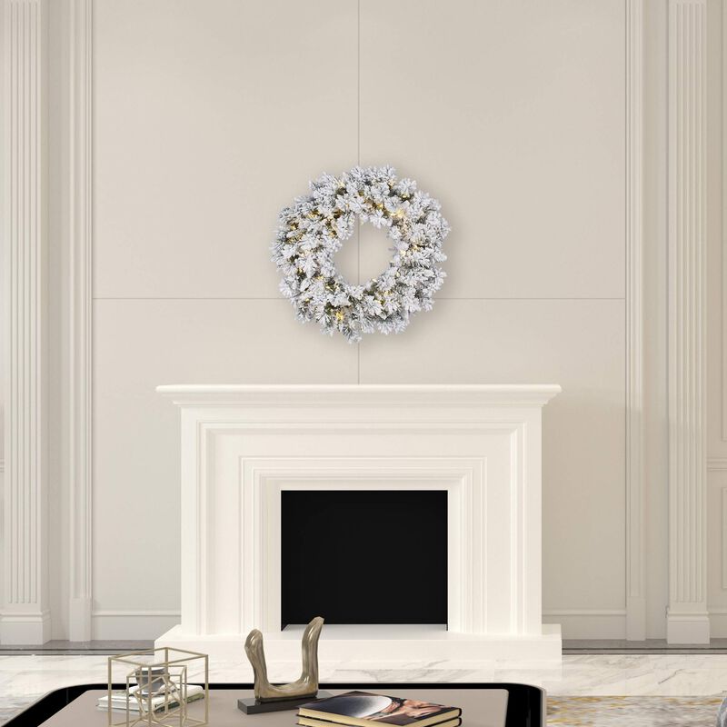 Vickerman 30" Flocked Snow Ridge Artificial Christmas Wreath, Warm White LED Lights - Faux Snowy Christmas Wreath - Indoor Seasonal Home Wall Decor image number 2