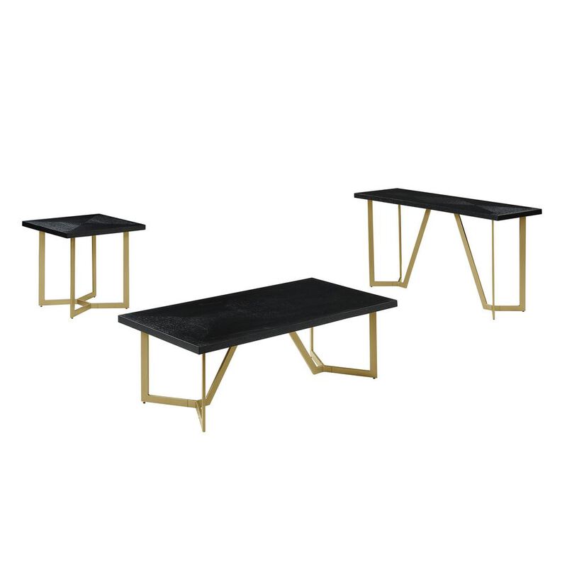 Best Quality Furniture 3pc Black wood top coffee table set w/gold color iron base (1Coffee+1End+1console table)