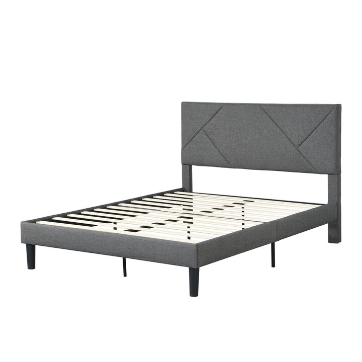 Queen Size Upholstered Platform Bed Frame with Headboard, Strong Wood Slat Support, Mattress Foundation, No Box Spring Needed, Easy Assembly, Gray