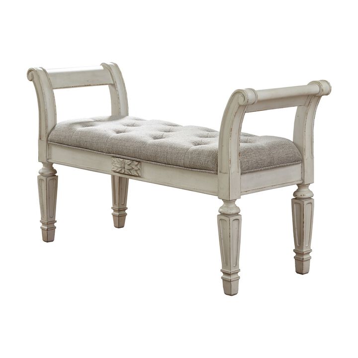 46 Inches Tufted Fabric Padded Wooden Accent Bench, Antique White-Benzara
