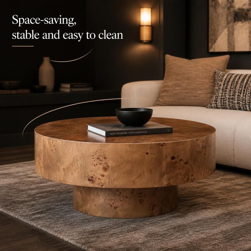 GOODSILO Round Mid-Century Modern Coffee Table with Burl Wood Veneer and Sturdy Pedestal for Small Living Spaces, Apartments and Home Offices image number 4