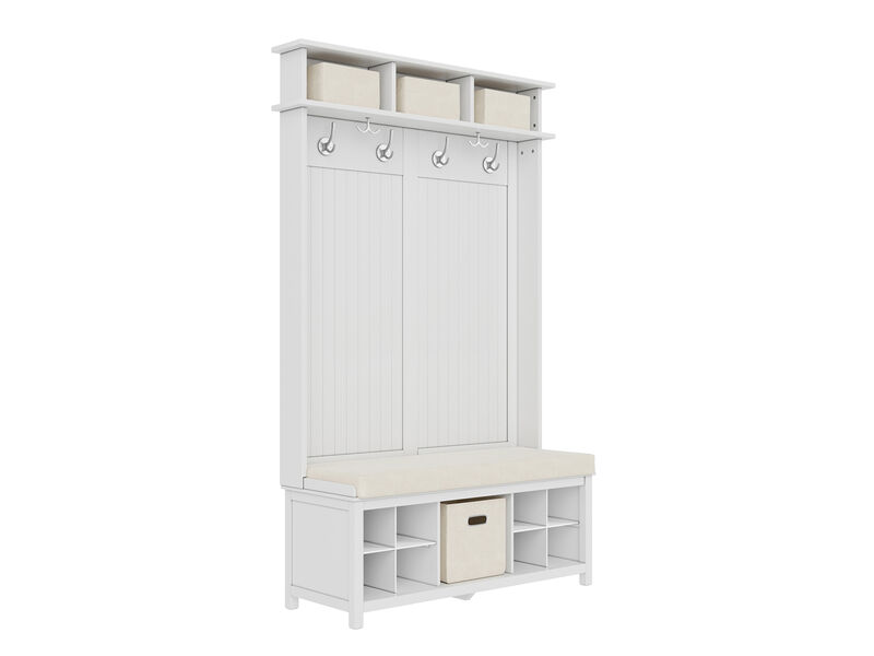 Solid Wood Hall Tree Entryway Bench with 1 Bin & 8 Pair Shoe Dividers