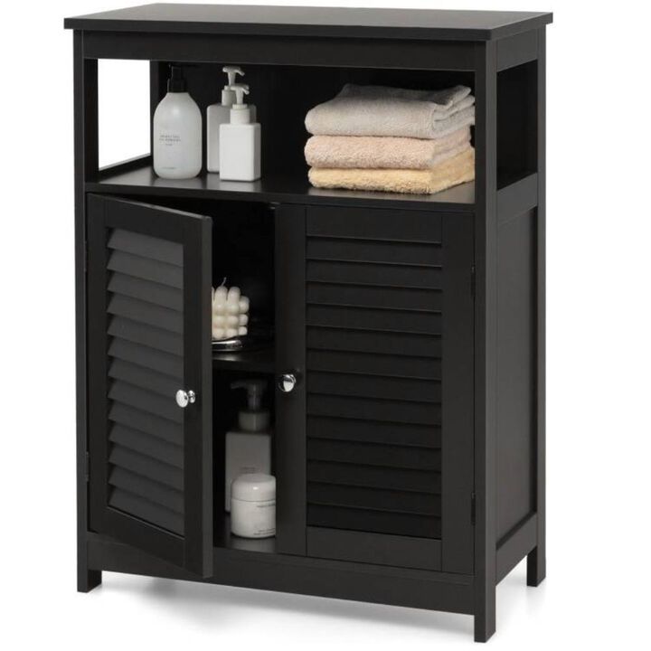 Hivvago Black Farmhouse Bathroom Linen Cabinet with Louvered Doors and Open Shelf