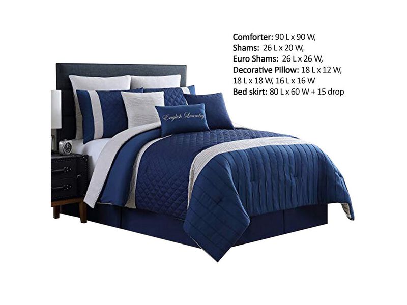 Basel Pleated Queen Comforter Set with Diamond Pattern The Urban Port, Blue and White - Benzara image number 2