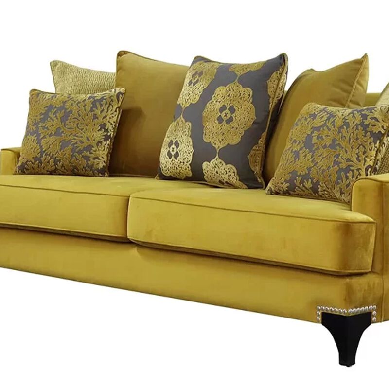 Visco 2pc Sofa, Loveseat Set, 8 Throw Pillows, Rivet Trim, Gold Yellow - Benzara