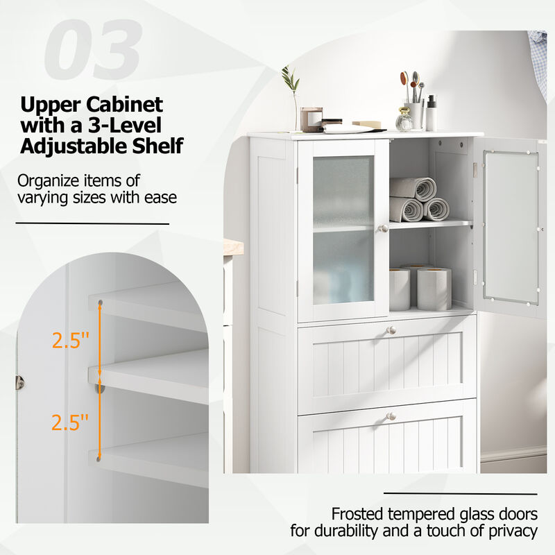 Bathroom Cupboard Pantry with 2 Drawers and 2 Frosted Glass Doors Freestanding Storage Cabinet-White image number 6