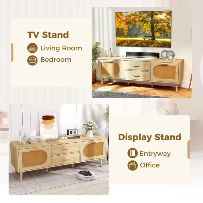 Hivvago Rattan TV Stand for 65-Inch TV with Drawers and Solid Wood Legs-Natural