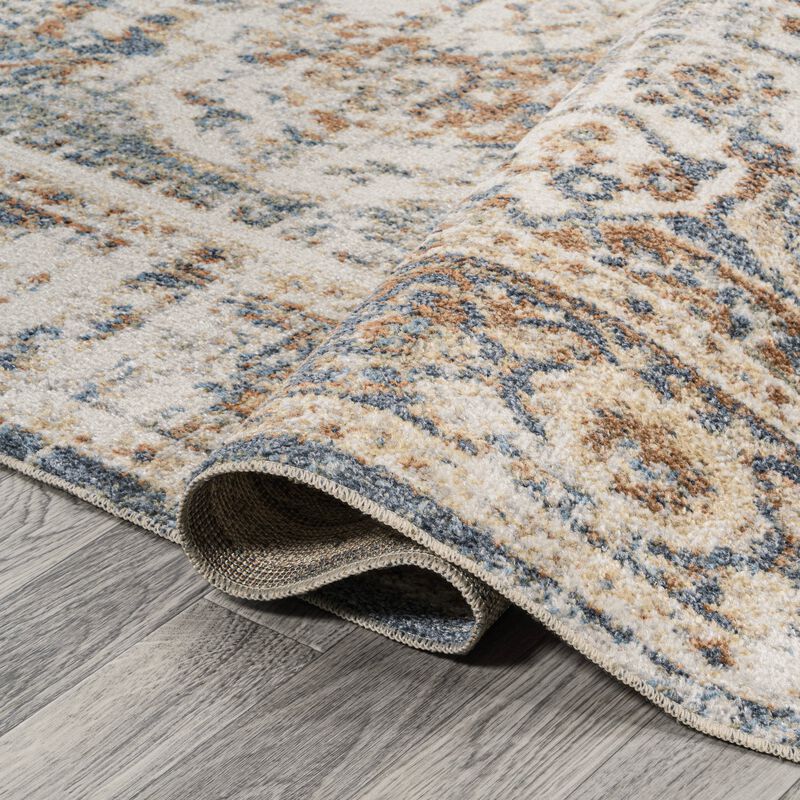 Keesha Bold Distressed Medallion Low-Pile Machine-Washable Blue/Cream. Area Rug