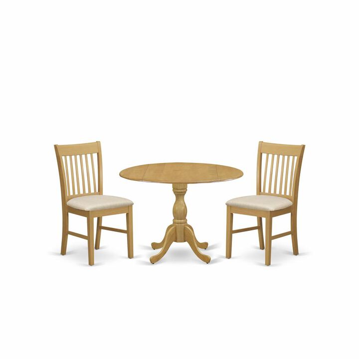 East West Furniture DMNF3-OAK-C 3 Piece Dining Room Table Set - Oak Wood Dining Table and 2 Oak Linen Fabric Kitchen Chairs with Slatted Back - Oak Finish