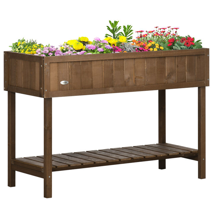 Outsunny Raised Garden Bed with 8 Pockets and Shelf, Wooden Elevated Planter Box with Legs to Grow Herbs, Vegetables, and Flowers, Dark Brown