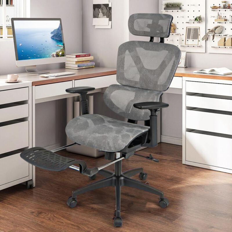 Hivvago Mesh Office Chair with Tilting Backrest and Retractable Footrest-Gray