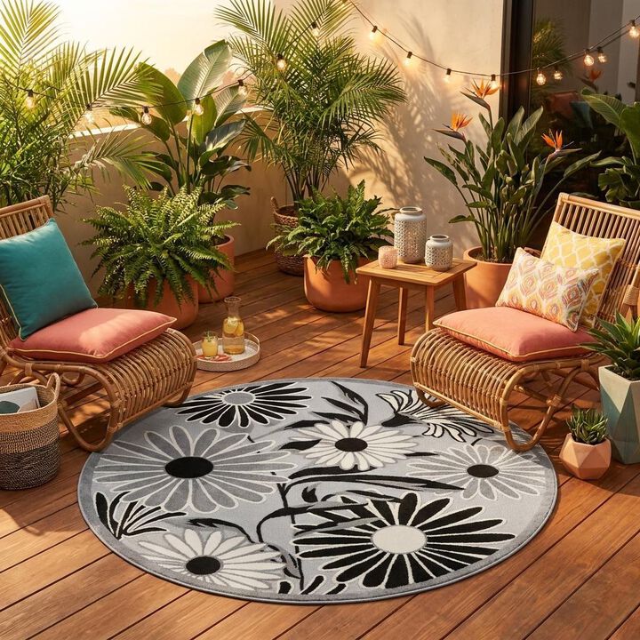 HomeRoots Round Floral Indoor Outdoor Area Rug