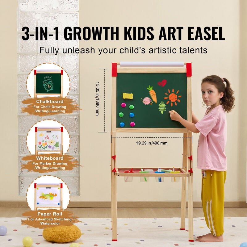 3-in-1 Kids Art Station &ndash; Double-Sided Wooden Easel with Magnetic Whiteboard & Chalkboard, Adjustable Height Drawing Board