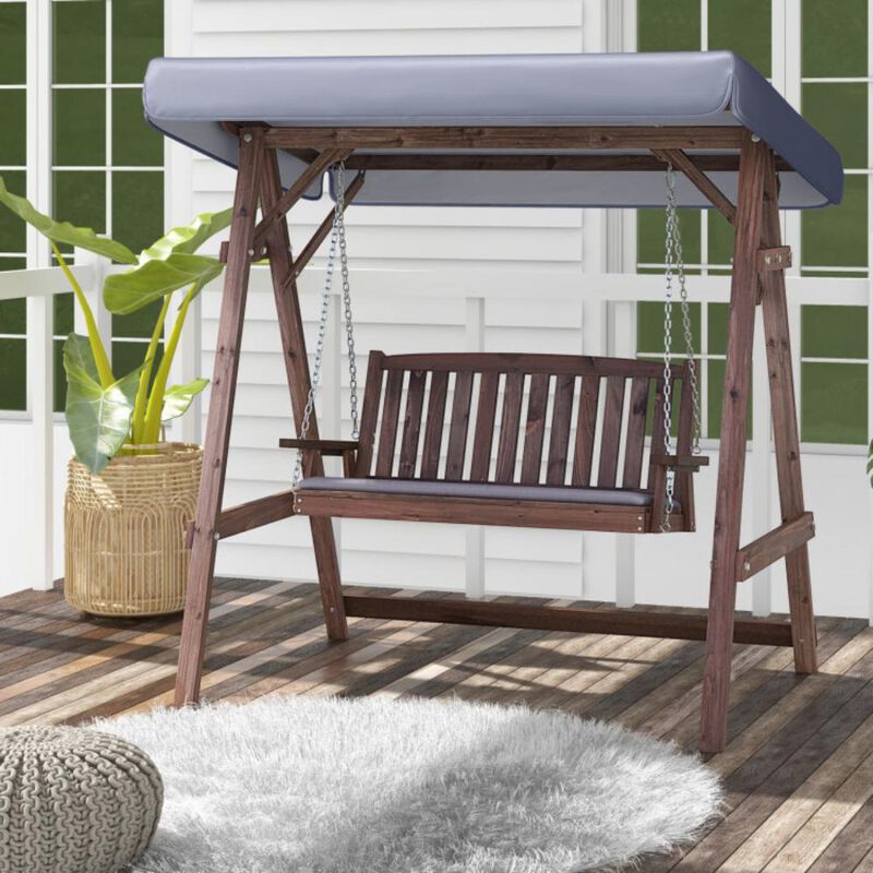 Hivvago 2-Person Porch Swing with Fir Wood Stand and Tilt Canopy