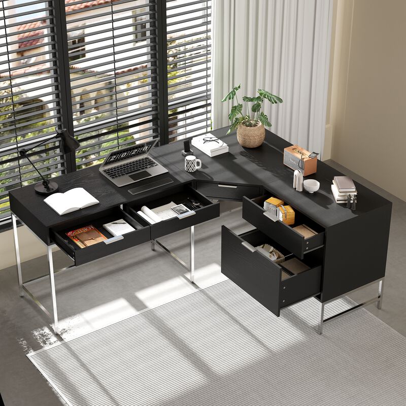 FUFU&GAGA L-Shaped Corner Desk with Drawers and File Cabinet, Black Embossed Finish, Metal Frame, Home Office Computer Workstation with Storage (70.9” x 55.1” x 29.9”), Black
