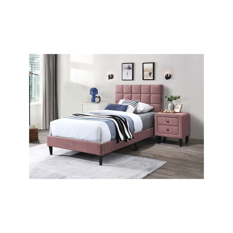 Poundex Adjustable Headboard Twin Bed Frame in Brushed Linen Pink